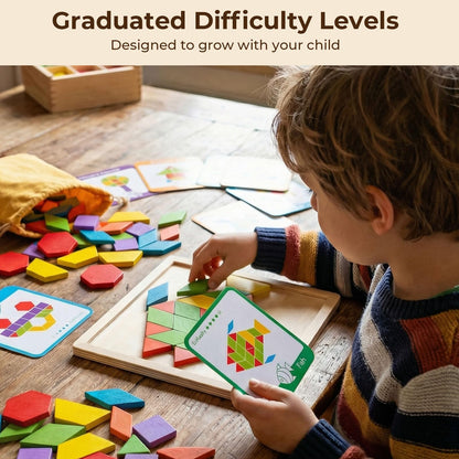 LovesTown 209 PCS Shapes Wooden Pattern Blocks for Kids, Geometric with Activity Cards and Storage Bag, Educational Tangram Puzzles,Great Learning Gift from Parents or Teachers