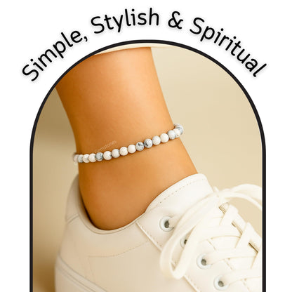 Amazing Gemstone Howlite Anklet Ankle Bracelets for Women - Waterproof Beaded Healing Crystal Anklets, Plus Size Chakra Gemstone Bead Anklet (Stretchy Adjustable - Plain)