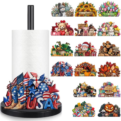 LemonRoad 17 Pcs 4th of July Holiday Interchangeable Kitchen Paper Towel Holder Wooden Fall Sunflower Seasonal Countertop Paper Towel Holder with Holiday Sign for Halloween Christmas Home(Fresh)
