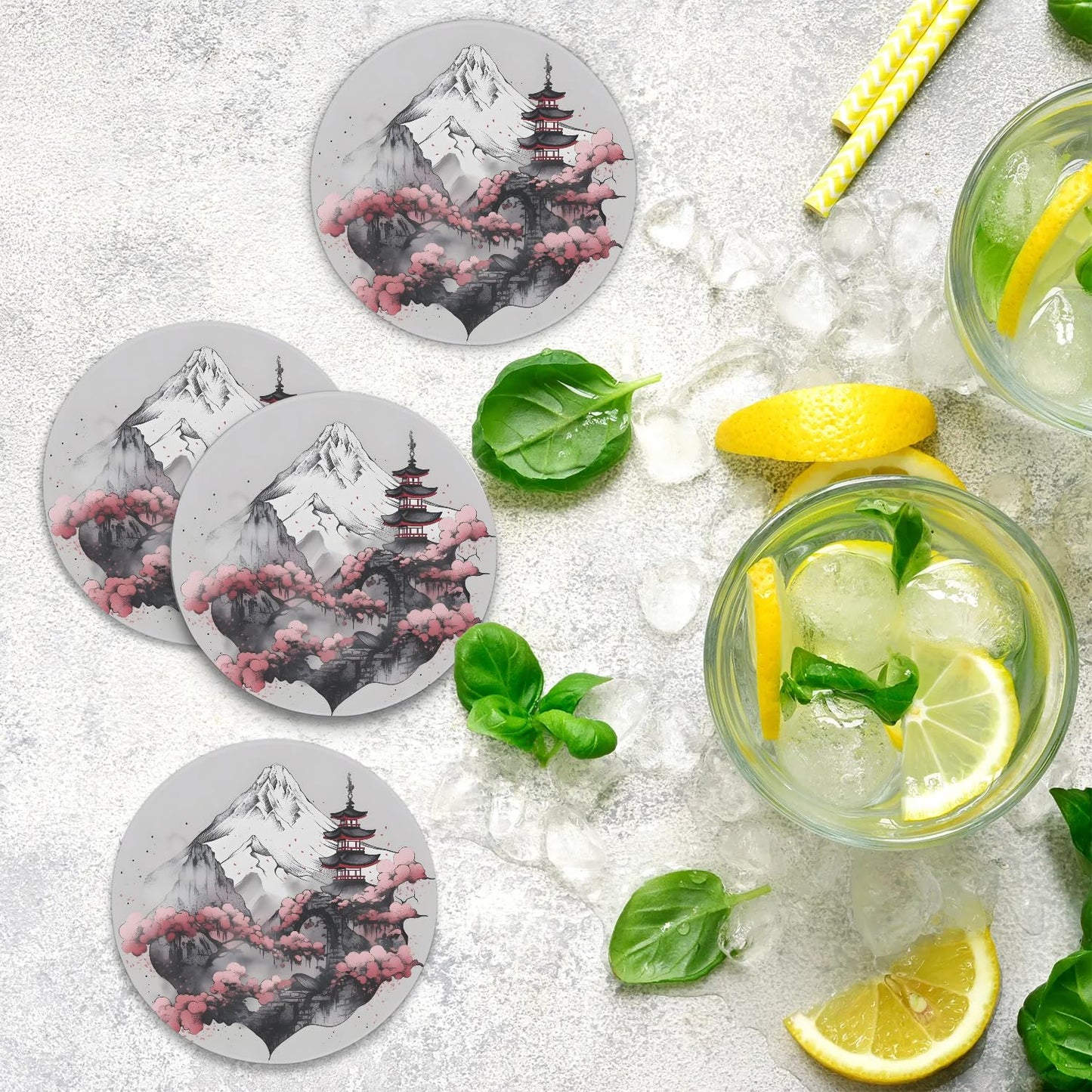 QsirBC Japanese Tower Coasters Set of 4 for Drinks Coffee Table