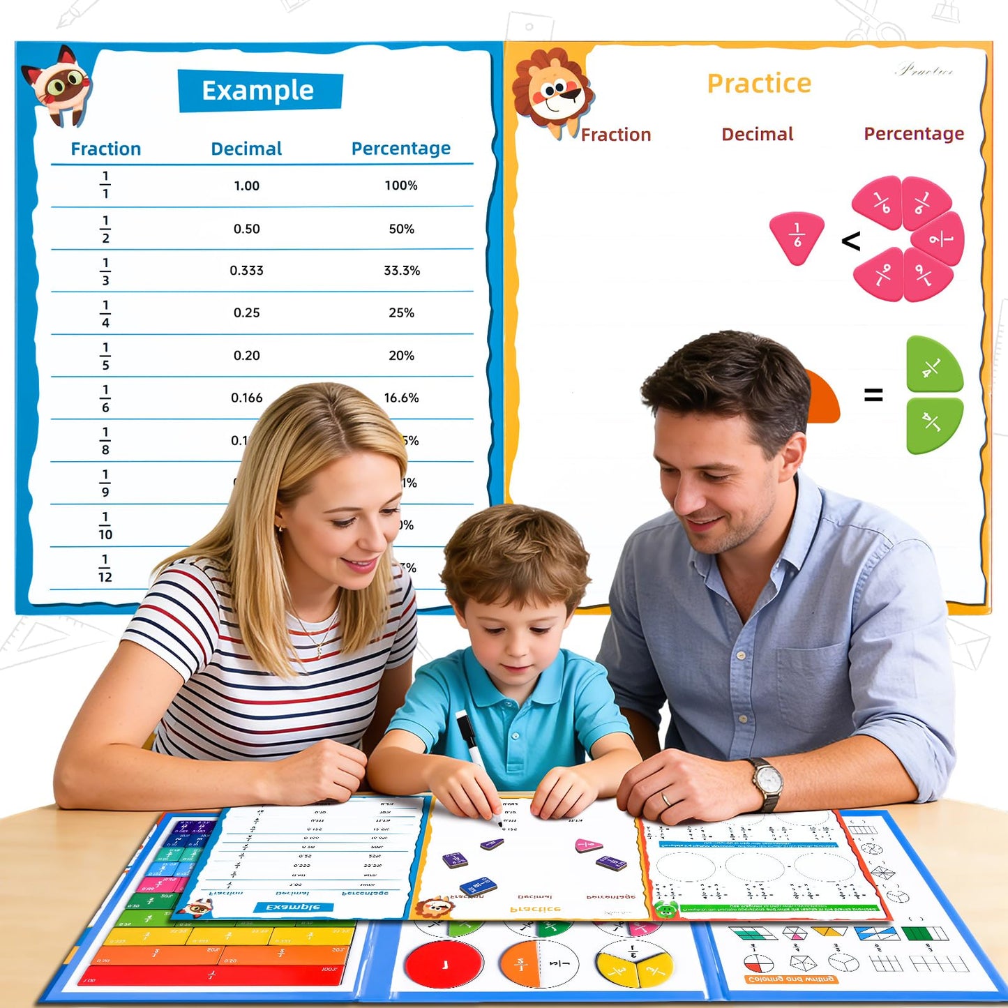 Magnetic Fraction Tiles & Circles Montessori Set for Elementary Kids - Hands-On Math Manipulatives with Activity Book - Learn Fractions, Decimals, Percentages
