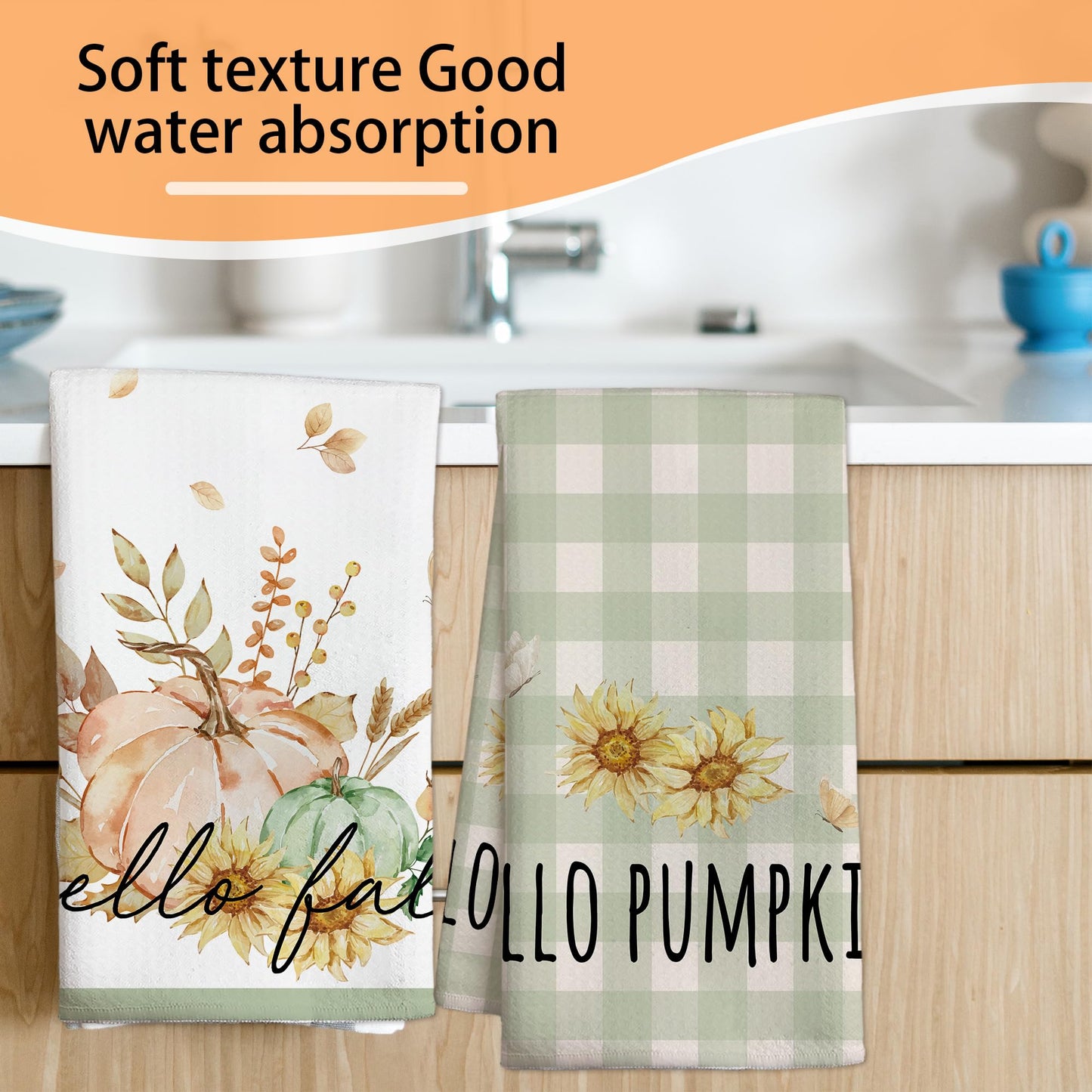 RPLCSPC Hello Fall Decorative Kitchen Towel Gift, Pumpkin Floral Dish Towels, Birthday Housewarming Gift Ideas for Family Friends, Farmhouse Home Fall Seasonal Decoration(Set of 2)-C13