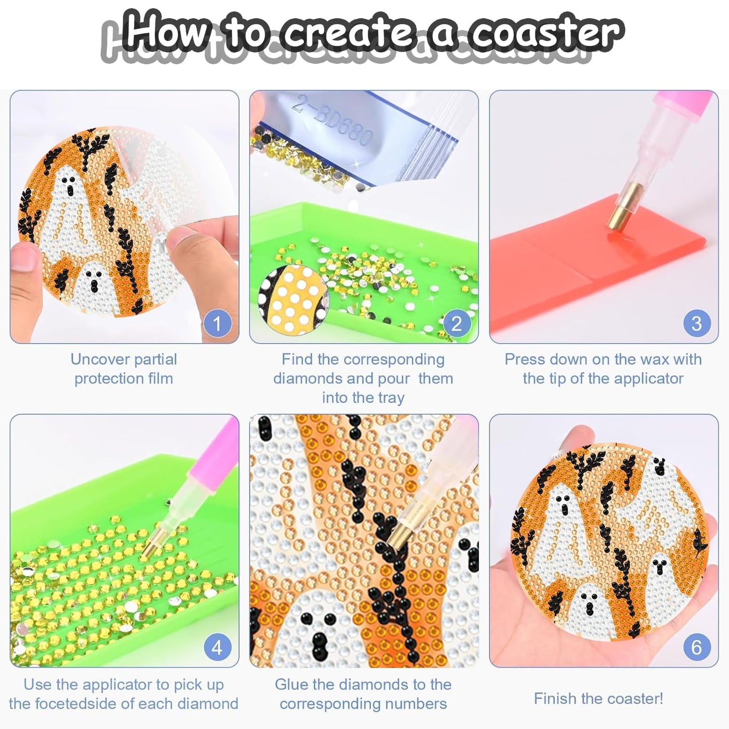 8 Pieces Halloween Diamond Art Coasters with Holder DIY Halloween Diamond Dot Coasters 5d Full Drill Diamond Coasters for Adults Halloween Diamond Painting Kits Supplies for Gift