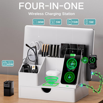 Sleek White PU Leather Charging Station with Drawer - 6-in-1 Multi-Device Desktop Organizer Docking Hub for iPad, Tablet, Laptop, Phone, Watch, Office Home Gift Idea