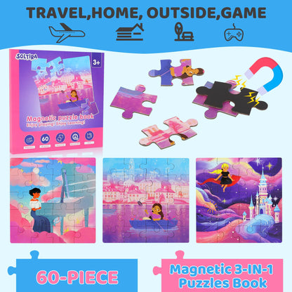 Magnetic Puzzles for Toddlers 3-5 60PCS 3 Princess Themes Puzzle Magnetic Puzzles for Girls 4-6 Travel Puzzles or Airplane/Car/Road Trip Gift Toys for Girls 4-8 Years Old