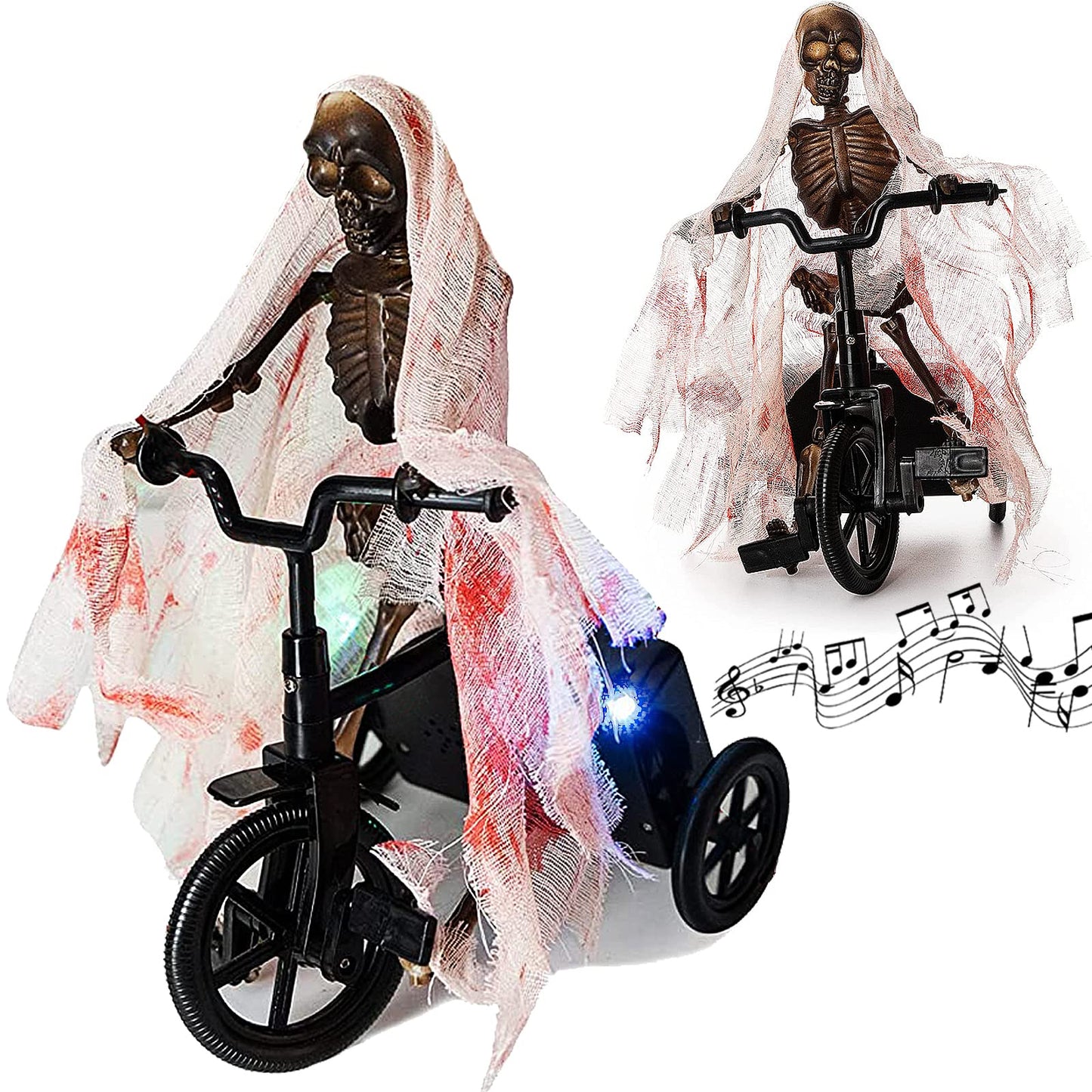 Animated Skeleton Riding Bike Prop – Moving Halloween Decoration with Lights and Spooky Sounds, Creepy Corpse Animatronic for Indoor & Outdoor Haunted House, Scary Yard Decor, Funny Novelty Skeletons
