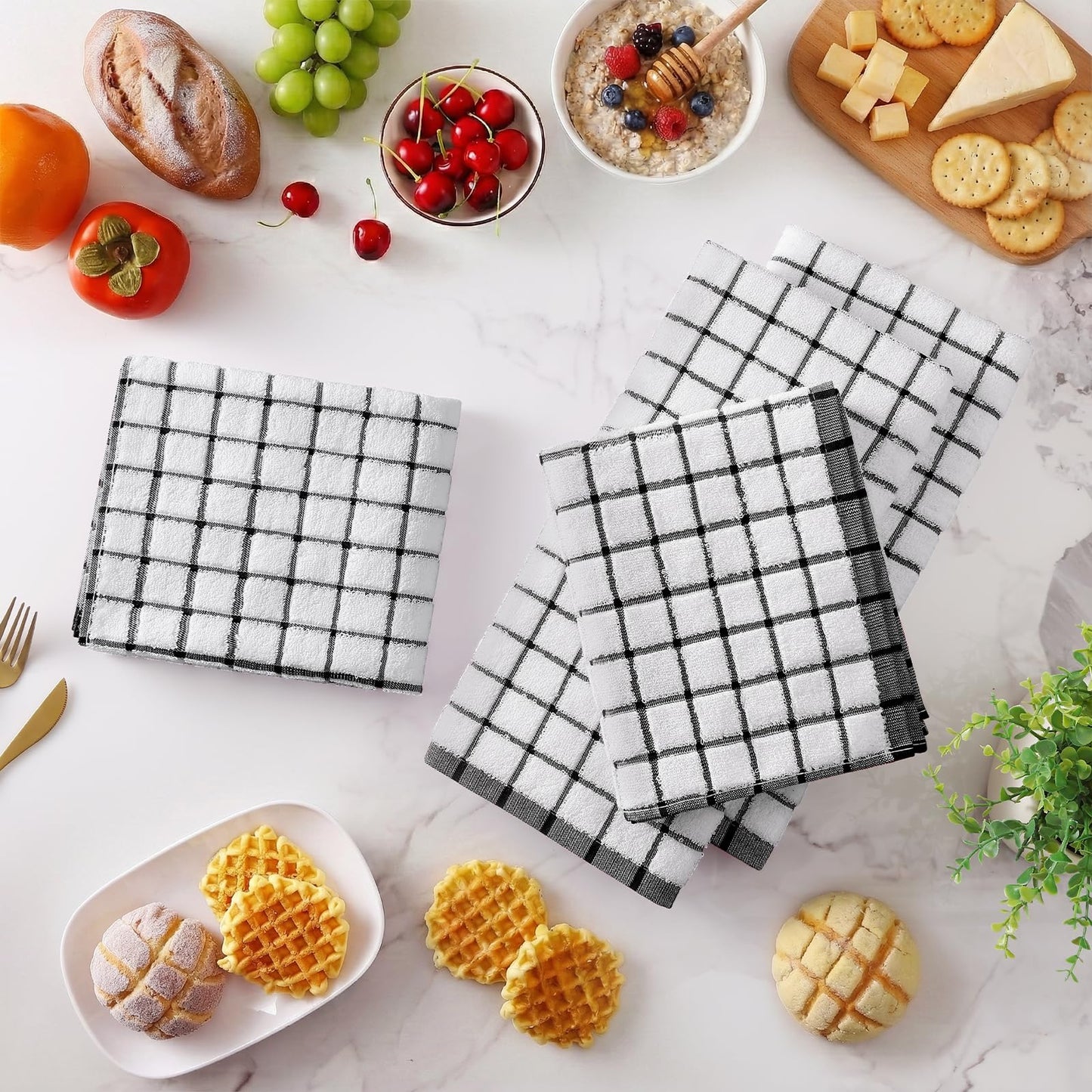 Homaxy Premium Kitchen Towels(16”x 28”, 6 Pack), Large Ring Spun Cotton Dish Towels, Super Absorbent Soft Terry Kitchen Hand Towels, Check Design Tea Towel Set with Hanging Loop, Black