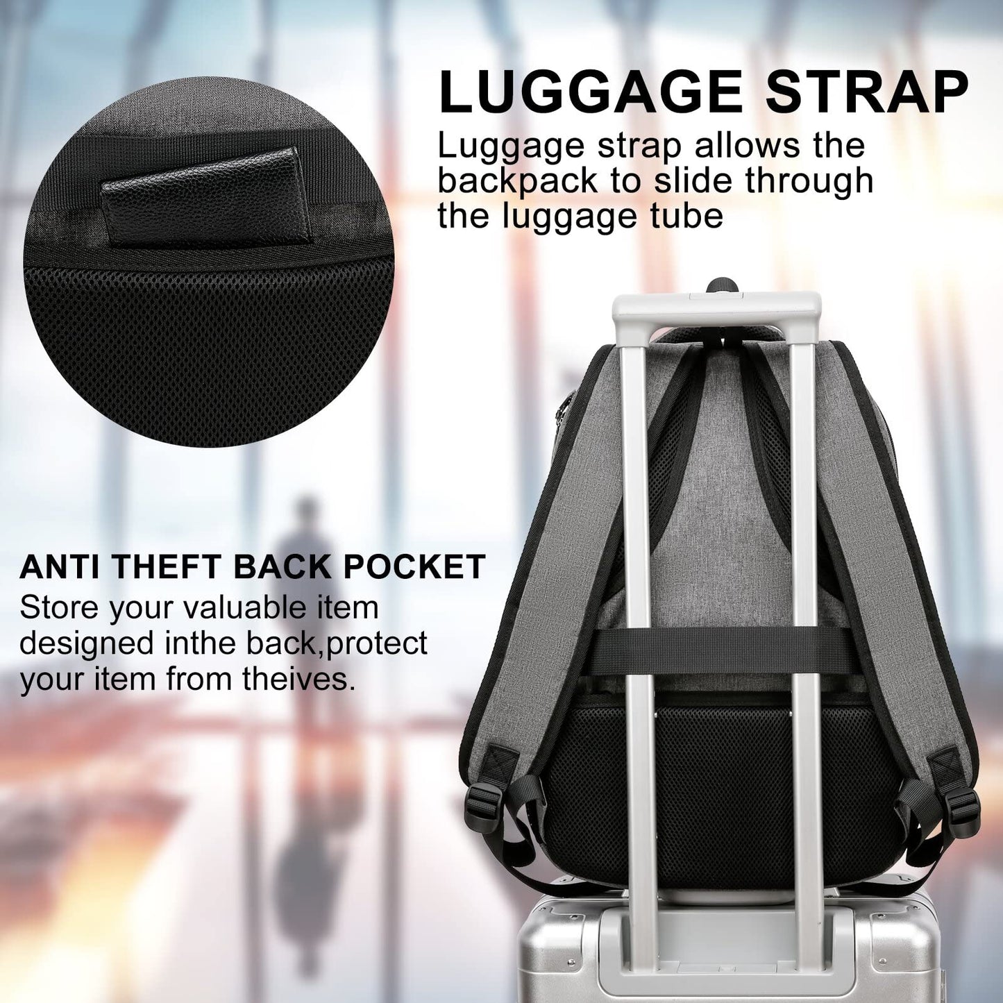 RJEU School Backpack for College Students & Teens - 15.6 Inch Laptop Backpack with USB Charging Port, Ergonomic Shoulder Straps, Water Resistant Travel Bookbag for Men, Women - Grey