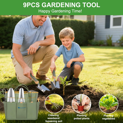 Yesker Gardening Tools 9-Piece Heavy Duty Garden Tool Set Gardening Supplies Gifts for Women Men Gardening Hand Tool Kit w Non-Slip Ergonomic Rubber Handle, Durable Garden Bag, Pruning Shears, Green