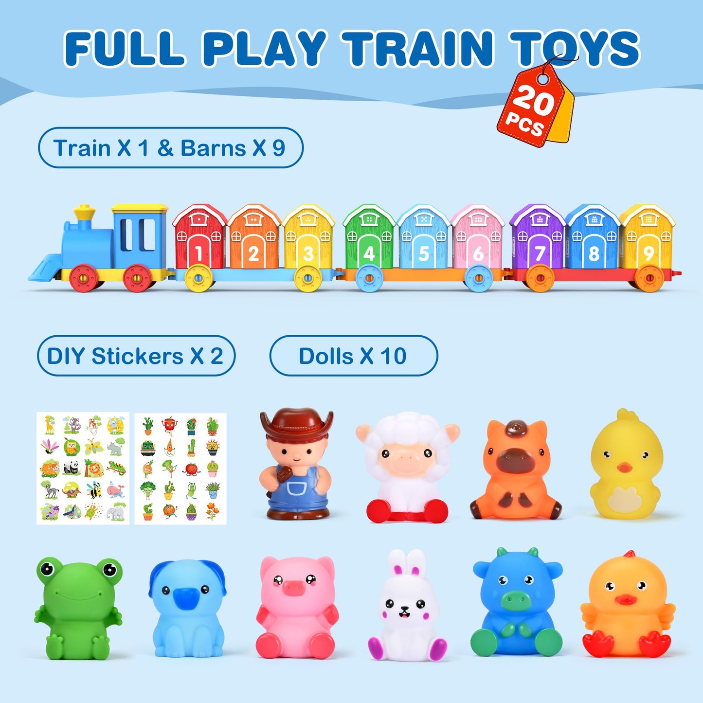 GooMags Montessori Toys for Toddlers, Farm Animal Train Set with Counting Matching Sorting Activities 9 Barns, 10 Finger Puppets, 2 Stickers-Learning Toys for Baby Boys Girls, Preschool Gift