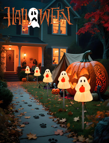 Halloween Ghost Pathway Lights Outdoor, 7Ft C7 Halloween Decorations Pathway String Lights with 4 Elves Holding Pumpkin Walkway Lights Waterproof, Plug-in Night Lights for Porch Yard Patio Garden