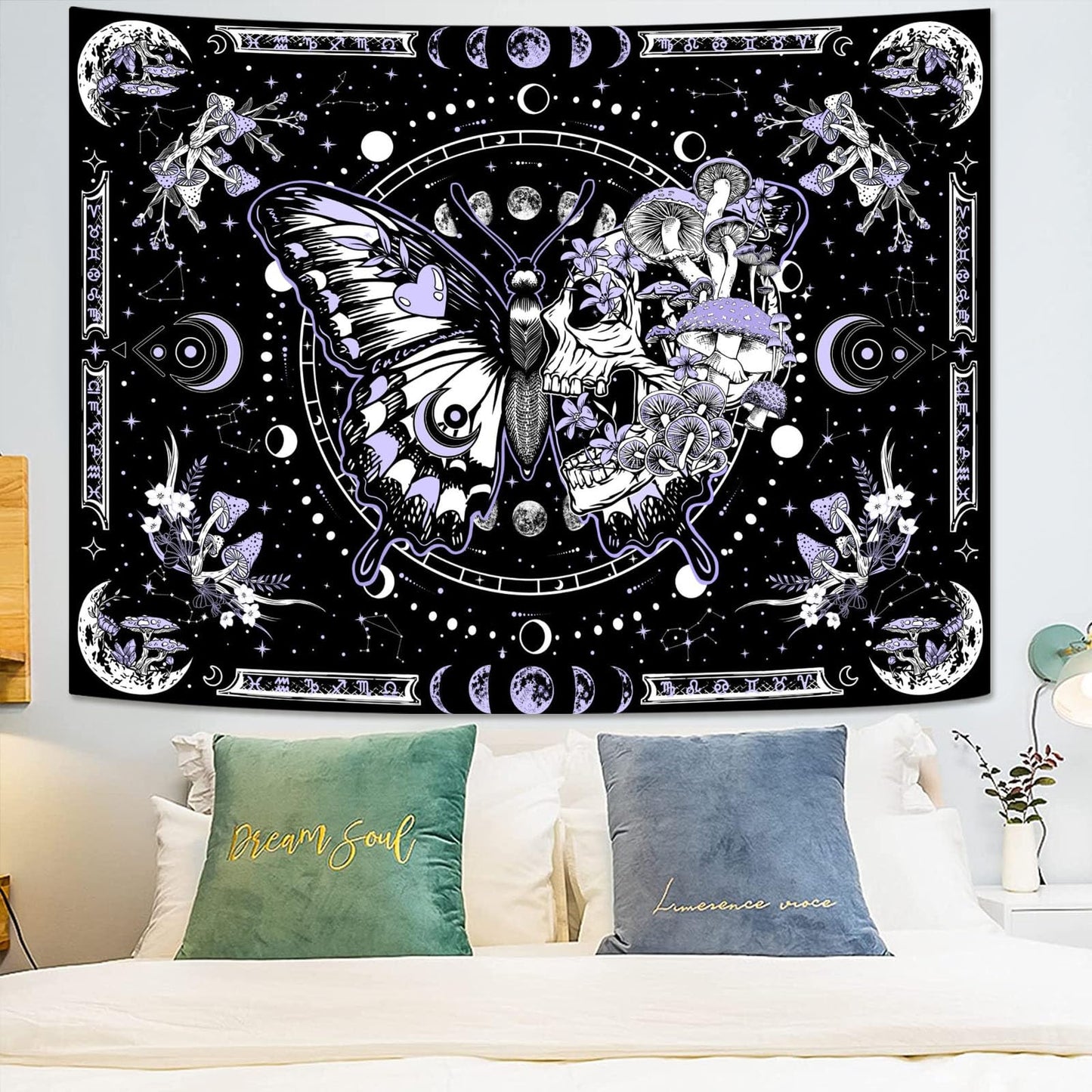 Fungarth Skeleton Butterfly Tapestry Purple Skull Hippie Mushroom Plants Tapestry for Bedroom Moon phase Aesthetic Tapestries Wall Hanging for Living Room Dorm (44.00” x 60.00”, Purple)