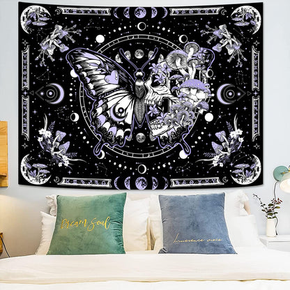 Fungarth Skeleton Butterfly Tapestry Purple Skull Hippie Mushroom Plants Tapestry for Bedroom Moon phase Aesthetic Tapestries Wall Hanging for Living Room Dorm (44.00” x 60.00”, Purple)