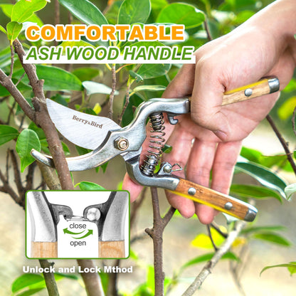 Berry&Bird 8'' Bypass Pruning Shears with Wooden Handle, Curved Blade Garden Hand Pruner, Stainless Steel Scissors Ultra Sharp Clippers for Gardening Trimming Cutting Bonsai Plant Flower & Picking