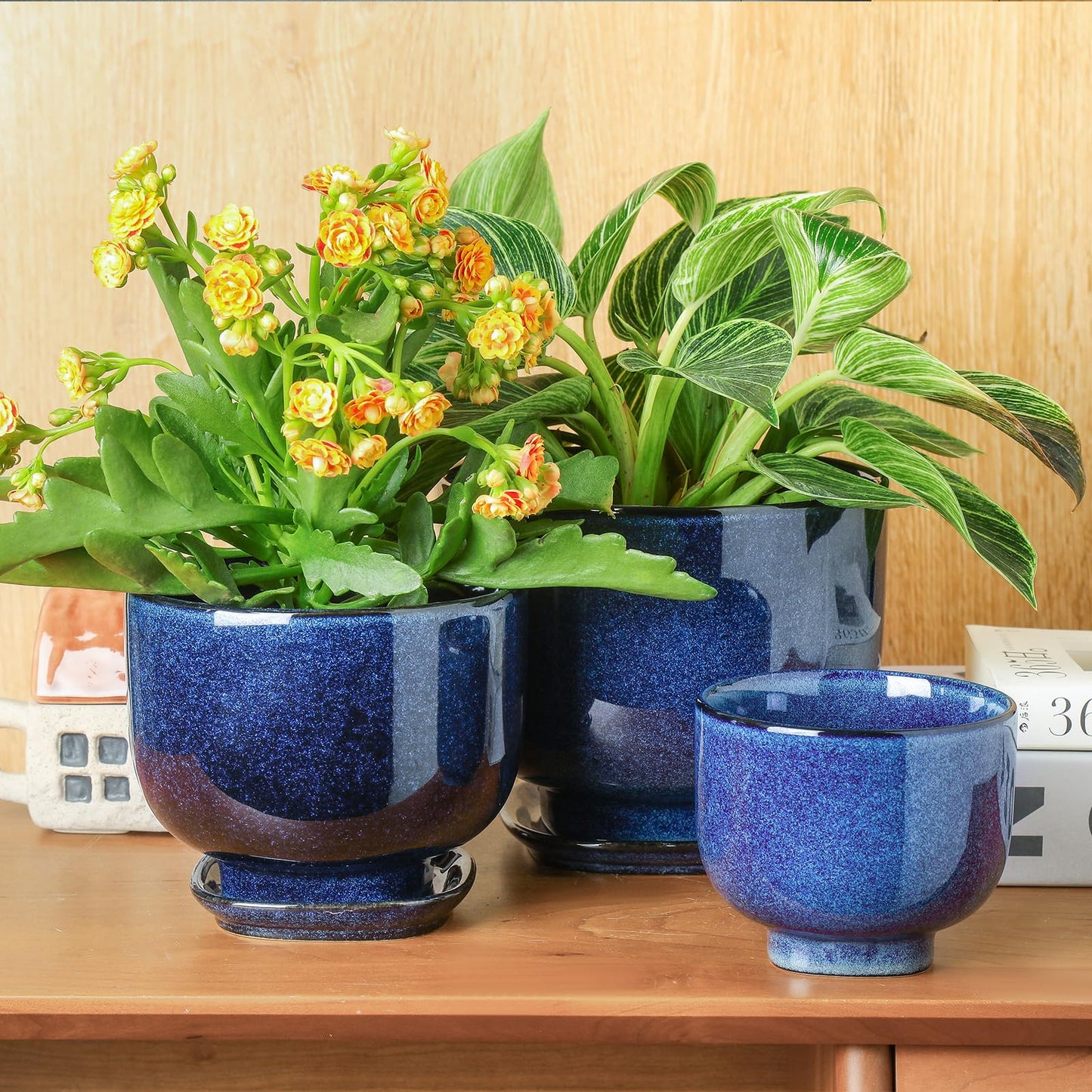 vicrays Ceramic Plant Pots Indoor - 6.8/5.5/4.3 Inch Planter Pot with Drainage Hole and Saucer for Succulent Orchid Flower Herbs Cactus - Gardening Home Desktop Office Decor – Set of 3 Blue