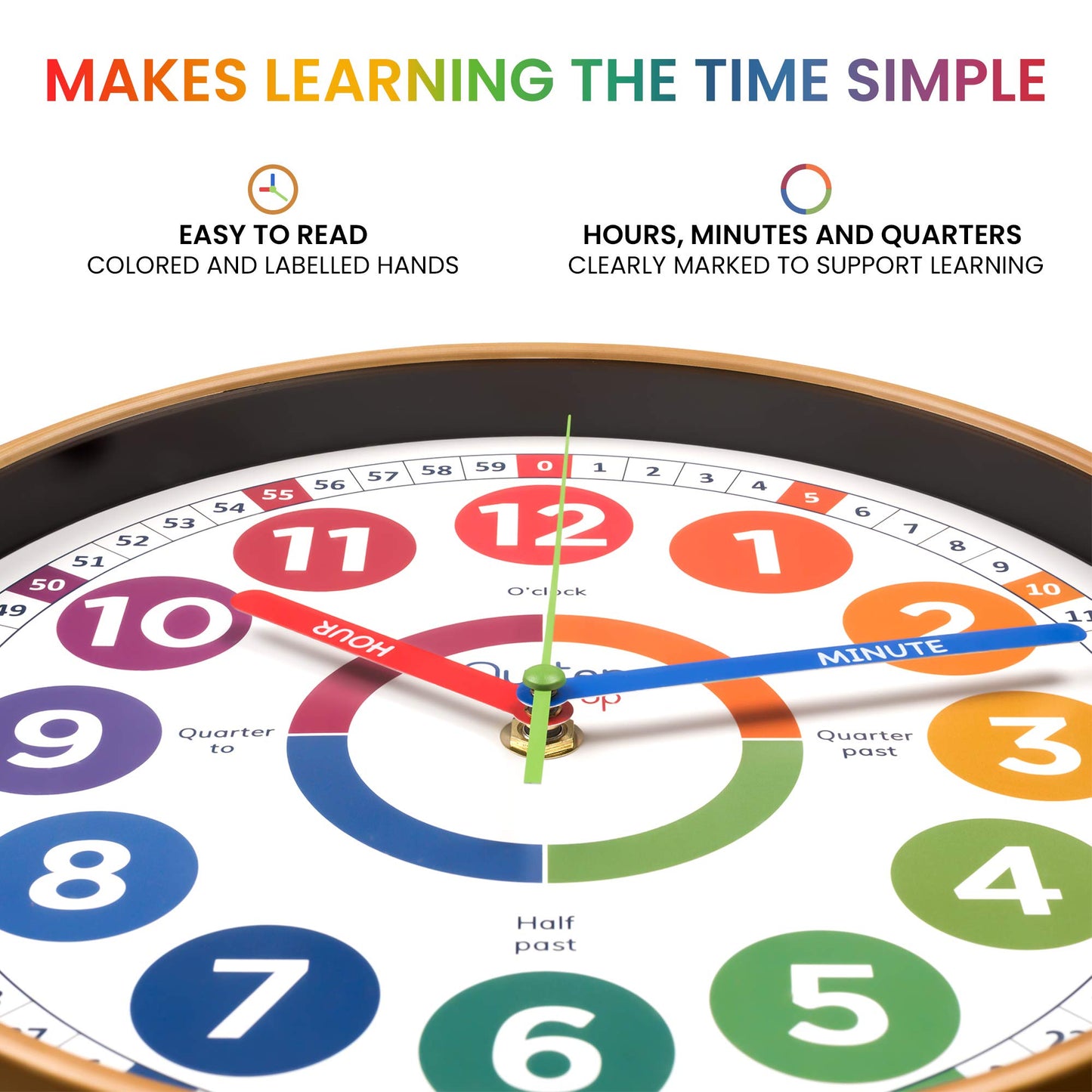 Oyster&Pop Kids Clock – Silent 10" Analog Learning Wall Clocks - Award-Winning Telling Time Teaching Clock for Kids - Bedrooms Homeschool & Classrooms - Includes eBook