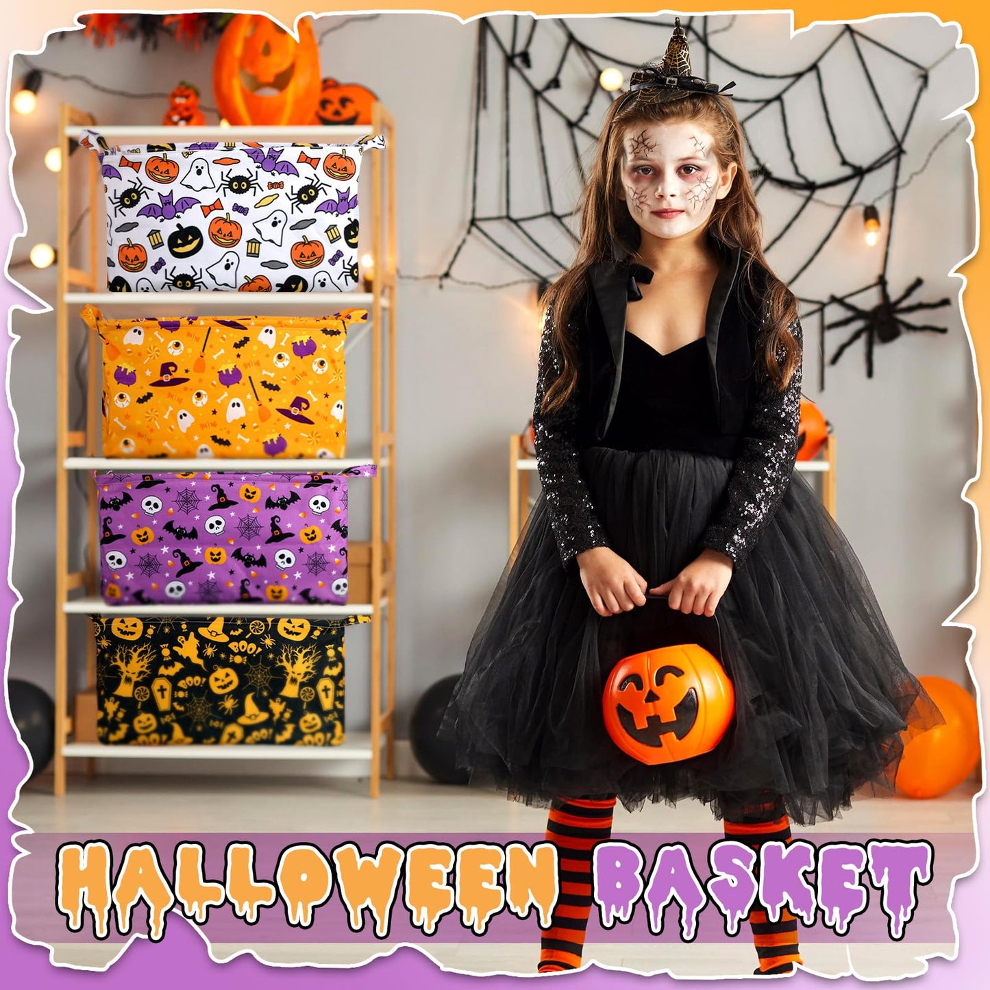 Breling 4 Pcs Halloween Baskets Boo Basket Gift Pumpkin Ghost Baskets with Handles Large Collapsible Storage Bins Boxes for Trick or Treat Gift Books Laundry Shelves Home Storage, 15 x 10 x 8 Inch