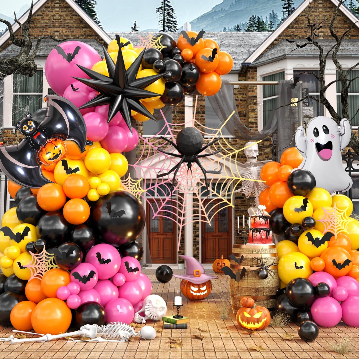 Halloween Balloon Arch Garland Kit, Halloween Party Decorations with Black Orange Hot Pink Yellow Latex Balloon Spider Ghost Foil Balloons Bat Sticker for Halloween's Baby Shower Ghost Party Supplies