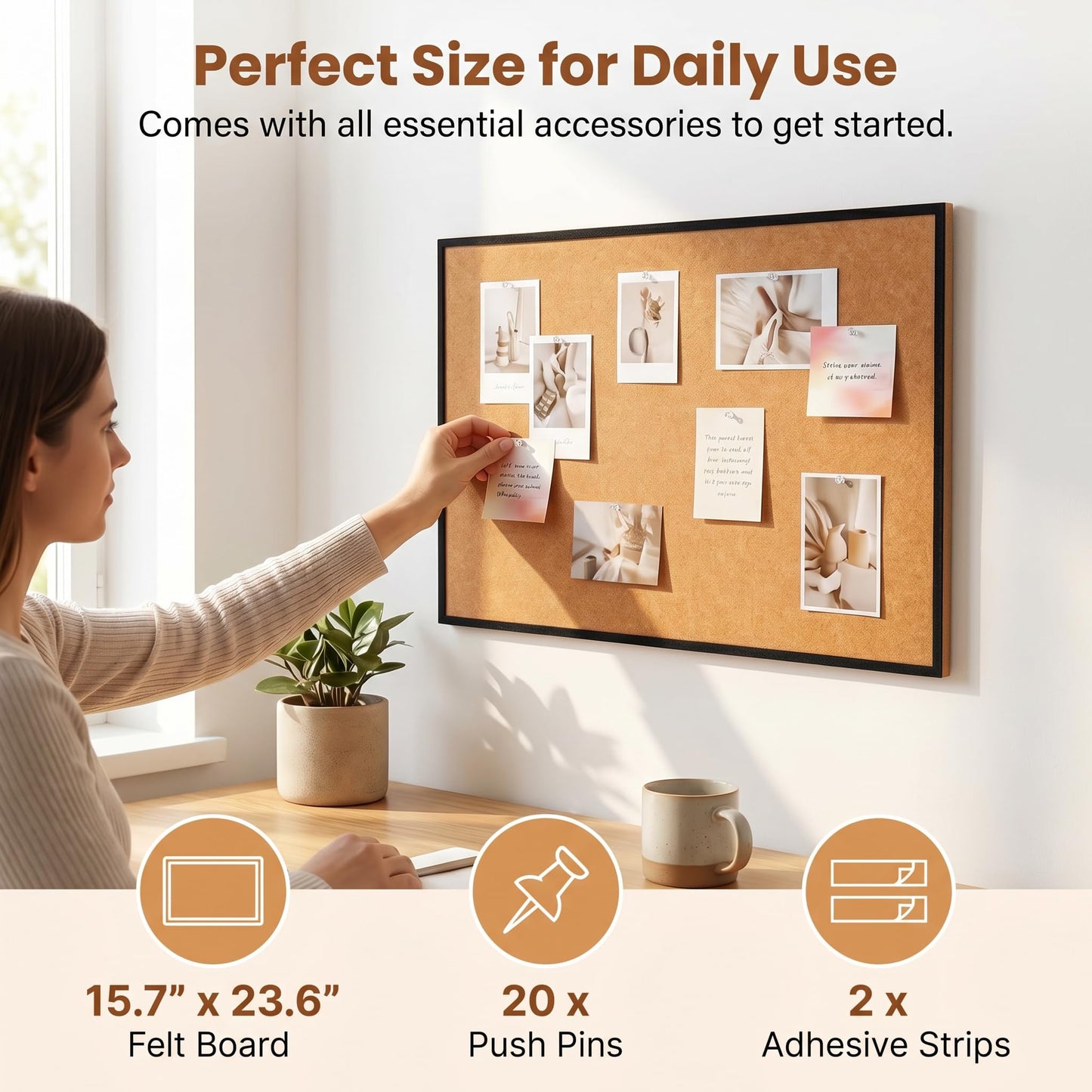 Felt Bulletin Board 23.6 x 15.7 Inch – Black Frame, Corkboard Alternative for Vision Board, Wall-Mounted Notice Board with 20 Push Pins, Home, Office & Classroom Organization – Longan Yellow