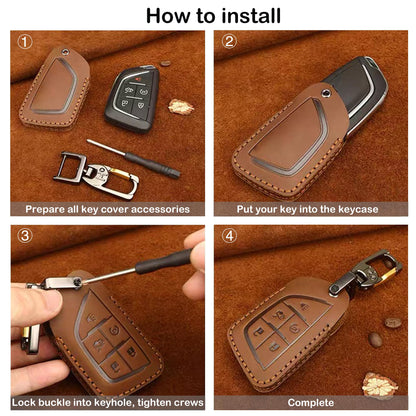 Leather Key Fob Cover for Chevy, Retro Smart Fob Protection Case Compatible with 2021 2022 2023 2024 2025 Chevy Tahoe Suburban GMC Yukon Denali Sierra Silverado Buick (Black, 5 Buttons)