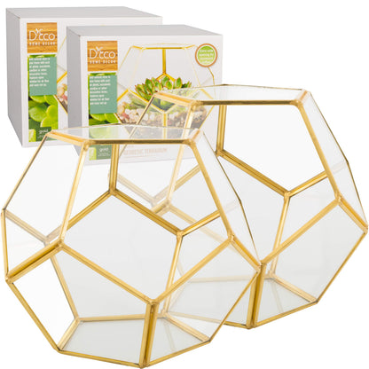 D'Eco Glass Geometric Plant Terrarium (Set of 2) - Indoor Tabletop Gold Sphere Planter Terrarium - Succulents, Air Plants, Moss - Home Garden Office Wedding Decor - Gift Idea for Plant Lovers
