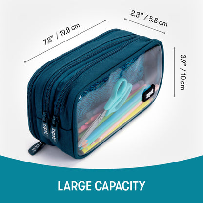 ZIPIT Half & Half Pencil Case, 3 Compartment Zipper Pouch for School, Stationery Bag for Teen Girls Boys and Adults, Teal
