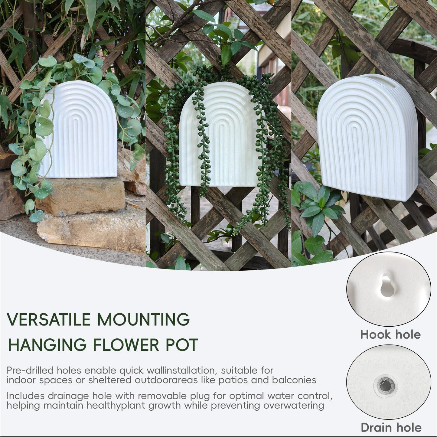qumHmup Ceramic Wall Planter, Modern Ribbed White U-Shaped, 7.3 inch Height, Indoor Outdoor Hanging Vase with Drainage Hole, Decorative Fluted Texture