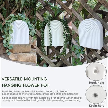 qumHmup Ceramic Wall Planter, Modern Ribbed White U-Shaped, 7.3 inch Height, Indoor Outdoor Hanging Vase with Drainage Hole, Decorative Fluted Texture