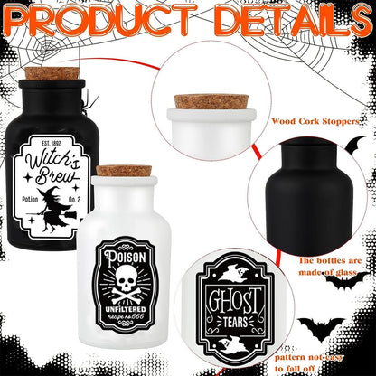 Sarybei Halloween Decorations for Home - Set of 4 Apothecary Potion Bottles with stickers - Scary Witch Poison Ghosts Black Cat Farmhouse Tiered Tray Decor For Home Table Party Supplies