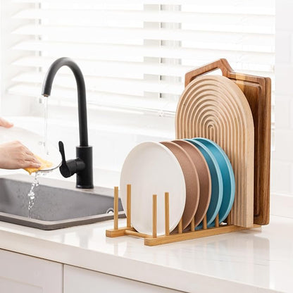 HBlife 2pcs Heighten and Widen Bamboo Dish Drying Rack Plate Bowl Cup Book Pot Lid Cutting Board Stand Drainer Storage Holder Organizer for Kitchen Cabinet