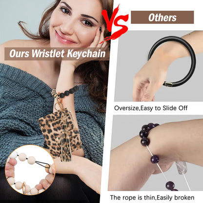KNGITRYI Wallet Keychain Wristlet for Women,Slim RFID Credit Card Holder Purse Tassel Keychain Bangle Key Ring for Men Women(Leopard)