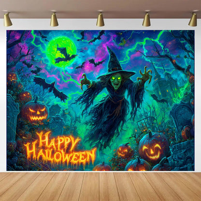 BlissYard Happy Halloween Blacklight Tapestry Neon Glow in the Dark Witch Pumpkin Bat UV Reactive Horror Wall Hanging for Bedroom Living Room Dorm Gothic Party Decor 78x59 Inch