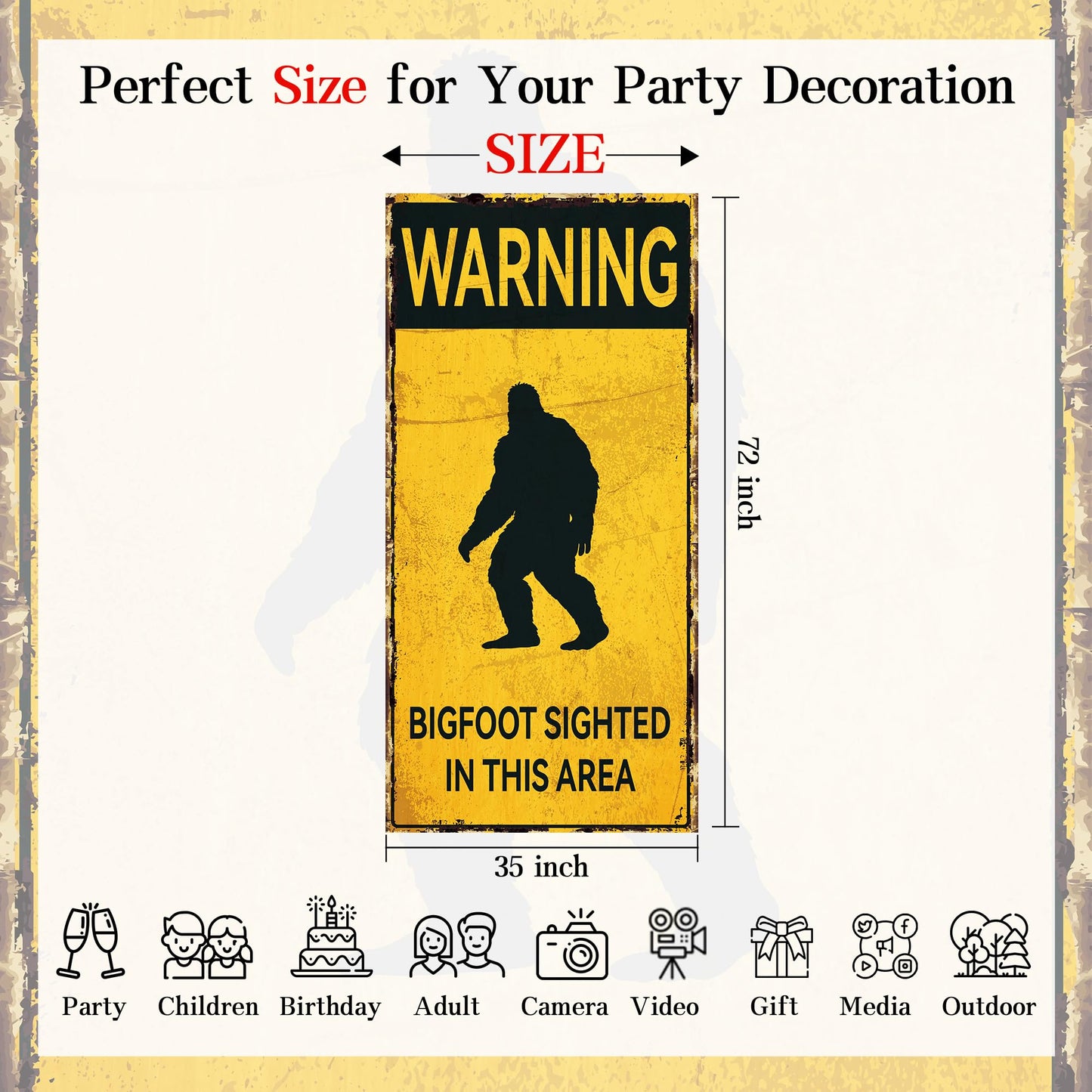 Bigfoot Caution Backdrop Banner BIGFOOT SIGHTED IN THIS AREA Sasquatch Silhouette Novelty Warning Sign Forest Theme Photography Background for Birthday Party Home Decor 35x72 Inch