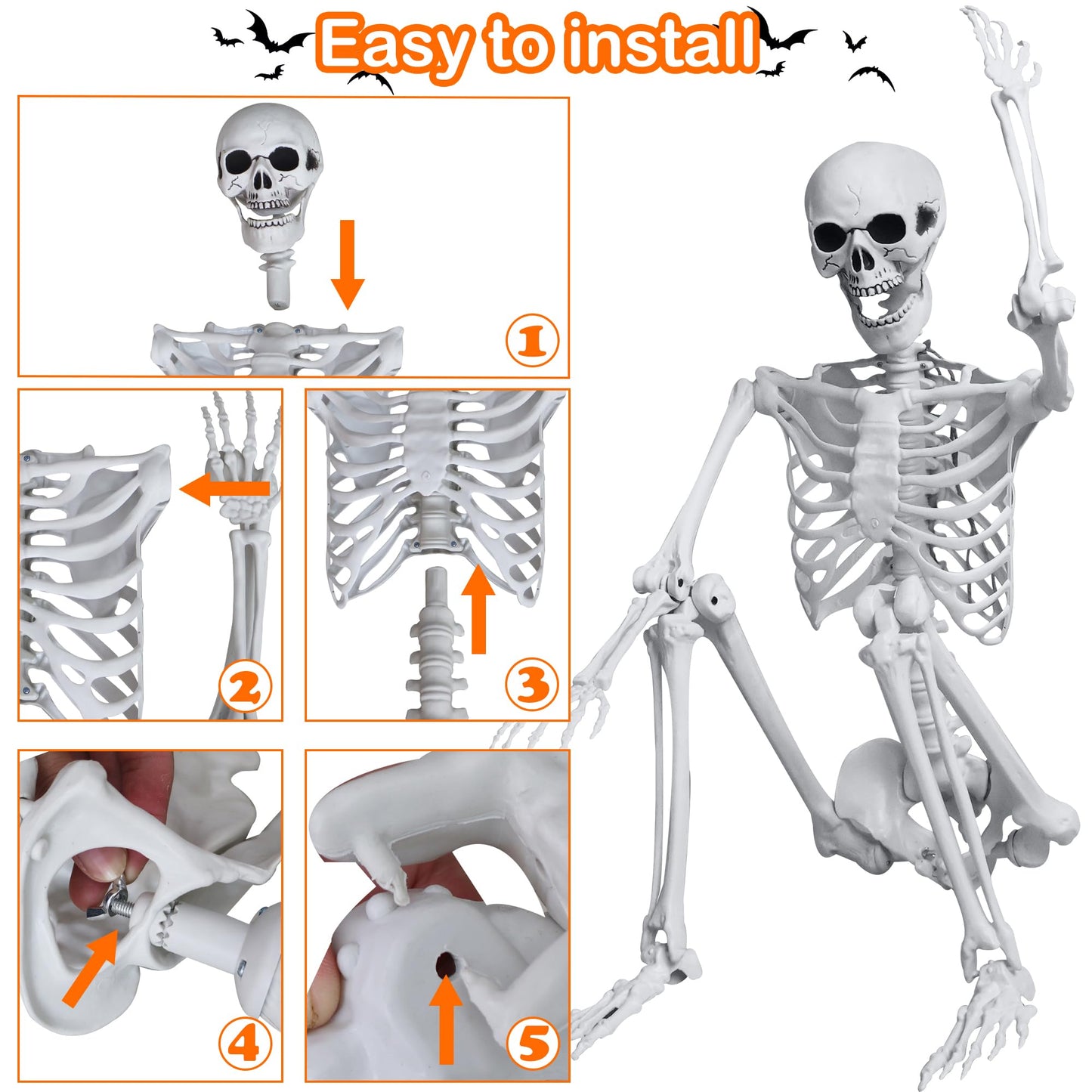LOSFOTBO 5.4ft/165cm Halloween Skeleton with Realistic Crows Full Body Plastic Human Bones with Movable Joints for Indoor Outdoor Halloween Decor