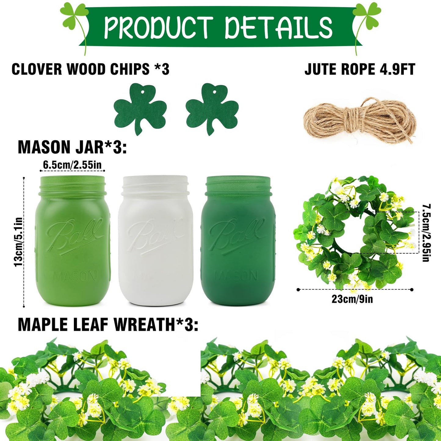 St. Patrick’s Day Mason Jar Decor Set of 3 – Green Farmhouse Table Centerpiece with Shamrock Wreath & Wooden Clover Accents, Irish Spring Home Decorations