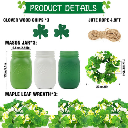 St. Patrick’s Day Mason Jar Decor Set of 3 – Green Farmhouse Table Centerpiece with Shamrock Wreath & Wooden Clover Accents, Irish Spring Home Decorations