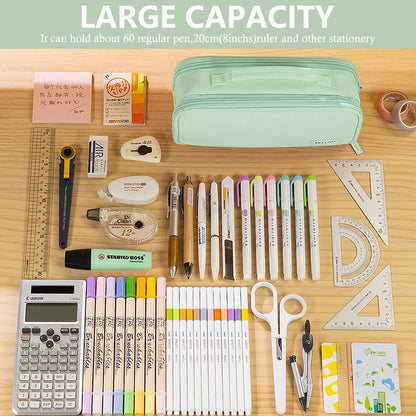 MAMUNU Pencil Case Large Capacity with 3 Compartments, Pencil Case Pouch Bag with Zipper Handle Portable Pen Stationery Organizer for Teen Girls Boys Adults College School Office Travel, Green