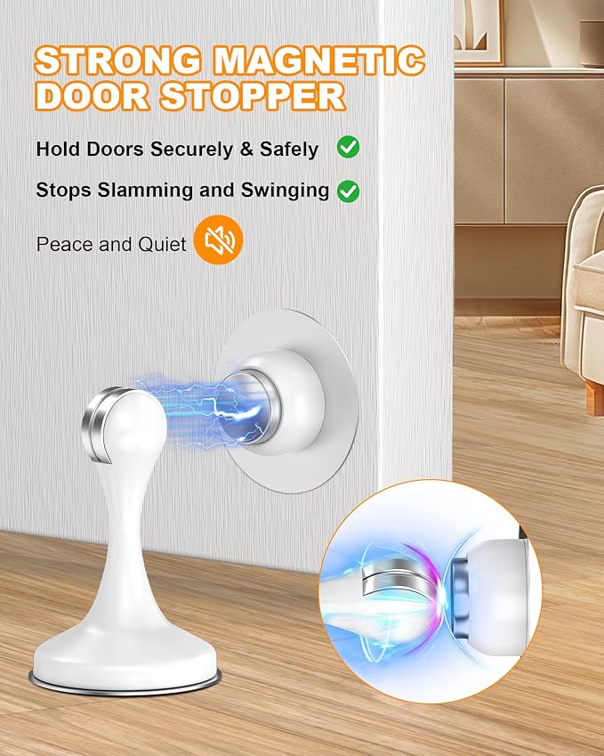 Crosize Magnetic Door Stoppers 8 Pack, Stainless Steel Door Stops for Wall and Floor Mounting, Door Holder Keep Door Open, No Drilling Door Stop with 3D Adhesive Tapes, White