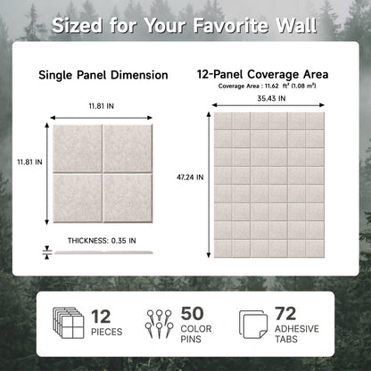 MISSDAY Oatmeal Acoustic Wall Panel Felt Bulletin Board 48" x 36" Cork Board for Wall, 12-Pack Boards with 72 Removable Adhesive Tabs, 50 Pins, Pin Board for Home Office Classroom Soundproof Wall Tile