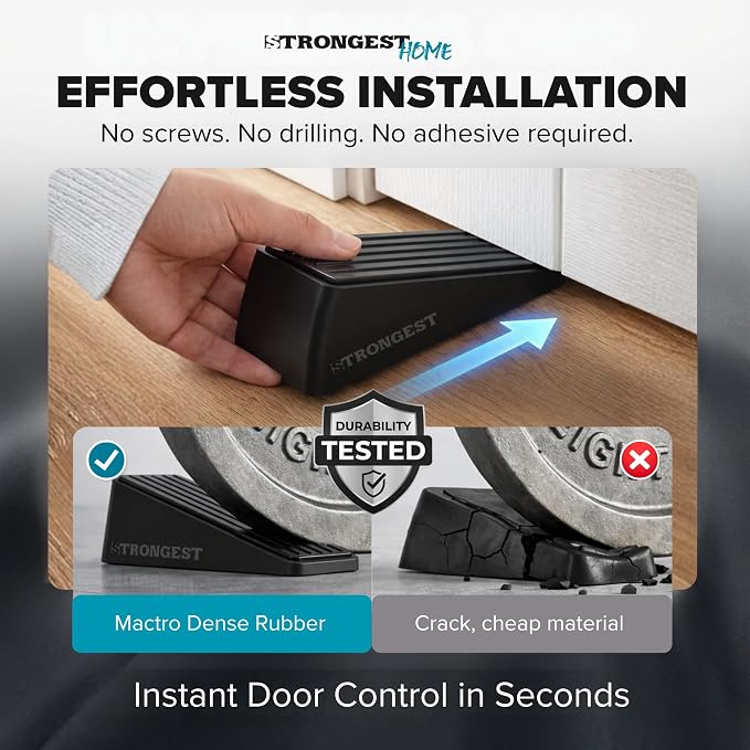 STRONGEST HOME Stoppers for Bottom of Door – Heavy Duty Metal Rubber Door Stopper, Non-Slip Door Stop for Heavy Doors, Works on Wood, Tile & Carpet Floors Wedge Black 4 PCs + 4 White Wall Protectors