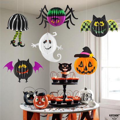 KatchOn, Hanging Halloween Decorations - Pack of 6 | Hanging Halloween Honeycombs for Halloween Ceiling Decorations | Halloween Hanging Bats, Pumpkin, Spider for Scary Halloween Decorations Indoor