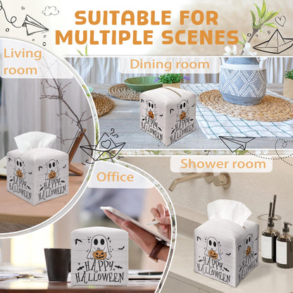 Happy Halloween Tissue Box Holder, Ghost Pumpkin Leather Tissue Box Cover Square, Cute Facial Paper Organizer Dispenser Toilet Paper Holder Decor for Bathroom Kitchen Office Home Accessory-A03