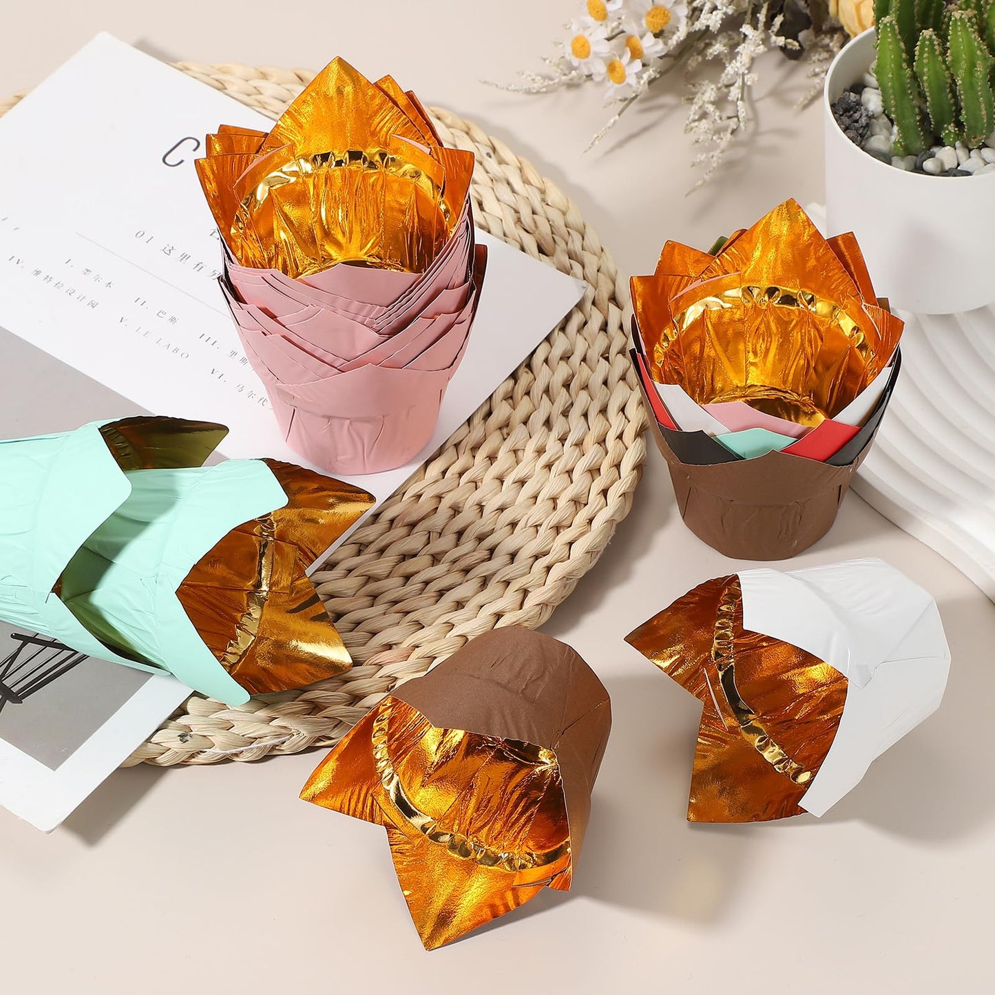 uxcell 50 Pcs Tulip Baking Cups Cupcake Muffins Liners Aluminum Foil Paper Greaseproof Wrappers for Weddings Birthday Party Festivals Christmas, Gold/White, Gold/Black