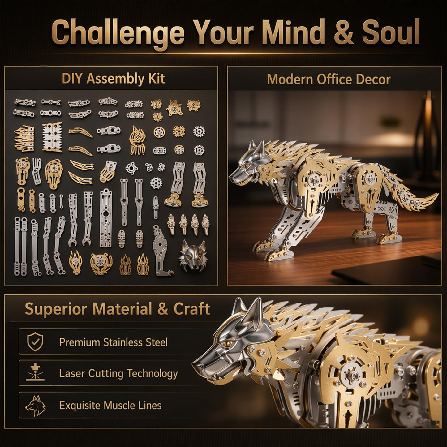 3D Metal Puzzle for Adults,Mechanical Wolf Puzzle Building Set，3D Metal Model Kit, Brain Teaser Puzzles DIY Assembling for Stress Relief - A Collectible Gift for a man (Wolf)