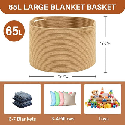 Foldable Laundry Hamper Basket with Collapsible Handle Cotton Rope Soft Woven Fabric Storage Organizer Clothes Toys Nursery Bedroom Dorm Space Saving Bin (Camel, 65L(19.7"D x 12.6"H))