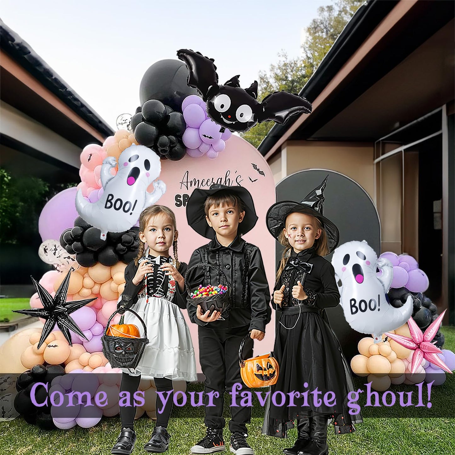 Summerween Halloween Party Decorations with Pink Black Purple Balloon Garland Arch Kit & Cute Bat Ghost mylar foil Balloons for Girls Two spooky Birthday Baby Shower BOO Day Party Supplies Decorations