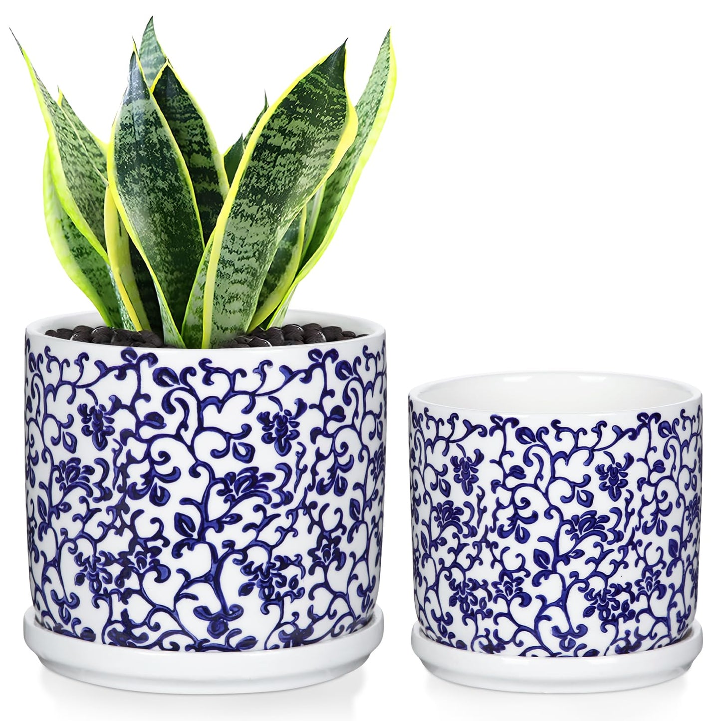 Set of 2 Blue and White Ceramic Plant Pots with Drainage Hole and Saucers, Retro Blue Porcelain Vase Round Planters for Succulent Cactus Indoor Outdoor Garden Home Desktop Decor, 4.5+5.5 Inch