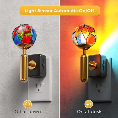L LOHAS LED Night Light Plug in with Stepless Dimming, Vintage Stained Glass Nightlight with Dusk to Dawn Sensor, Aesthetics Plug in Night Lights for Home Decor
