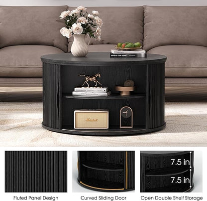 Round Lift Top Coffee Table, 31.5” Mid Century Modern Center Table with Hidden Storage, Fluted Circle Coffee Tables for Living Room, Home Office, Black