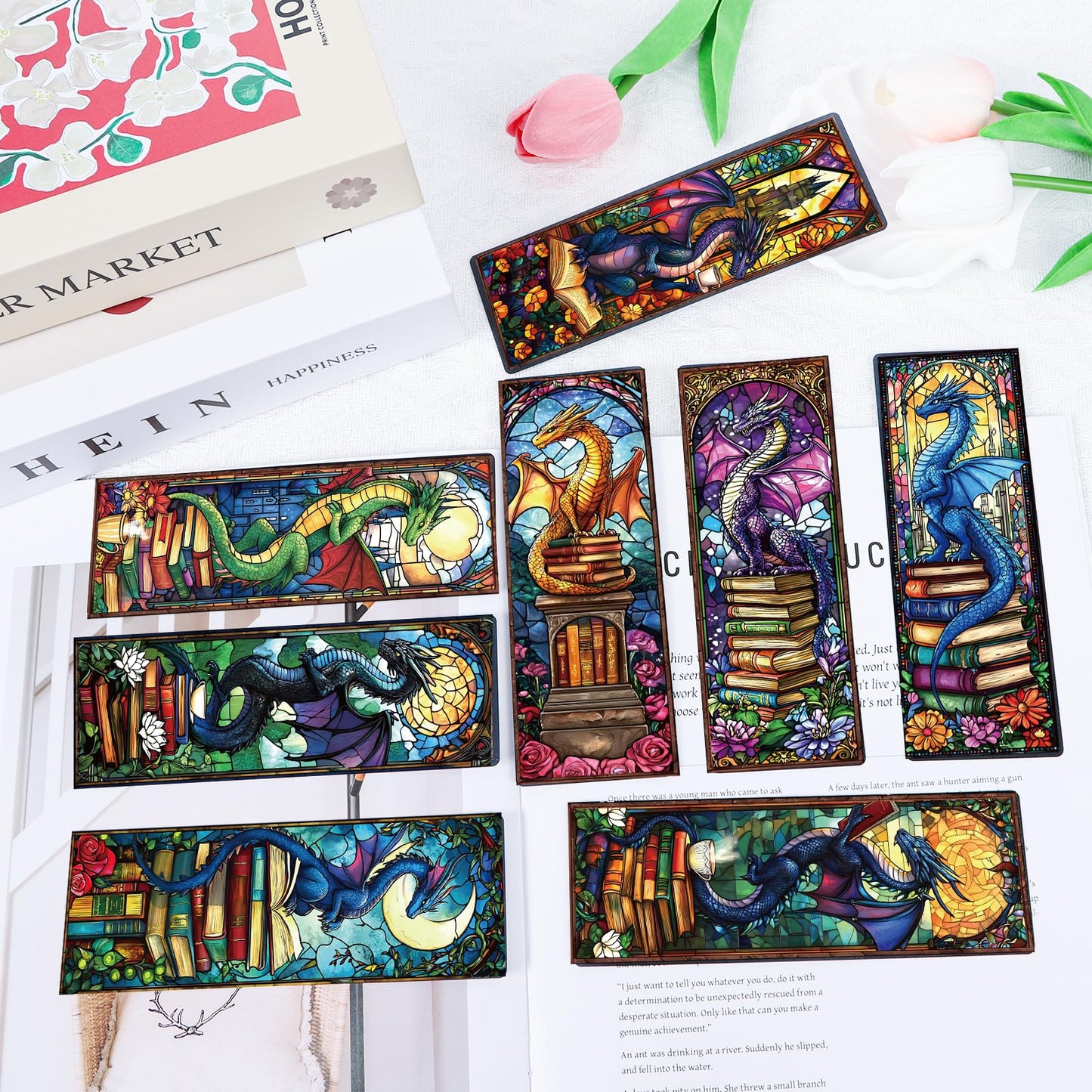 Wxiben Stained Glass Dragon Bookmarks - 100 Pcs Fantastic Bookmark Dragon with Wing Book Marks Cool Animal Book Markers Page Clip GIFS for Men Teens Students Teacher Romantasy Reader Bookish Bookworm